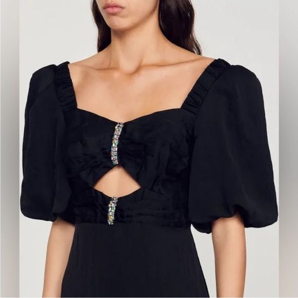 NEW NWT SANDRO Falbala Crystal Embellished Midi Dress Black - Picture 2 of 11